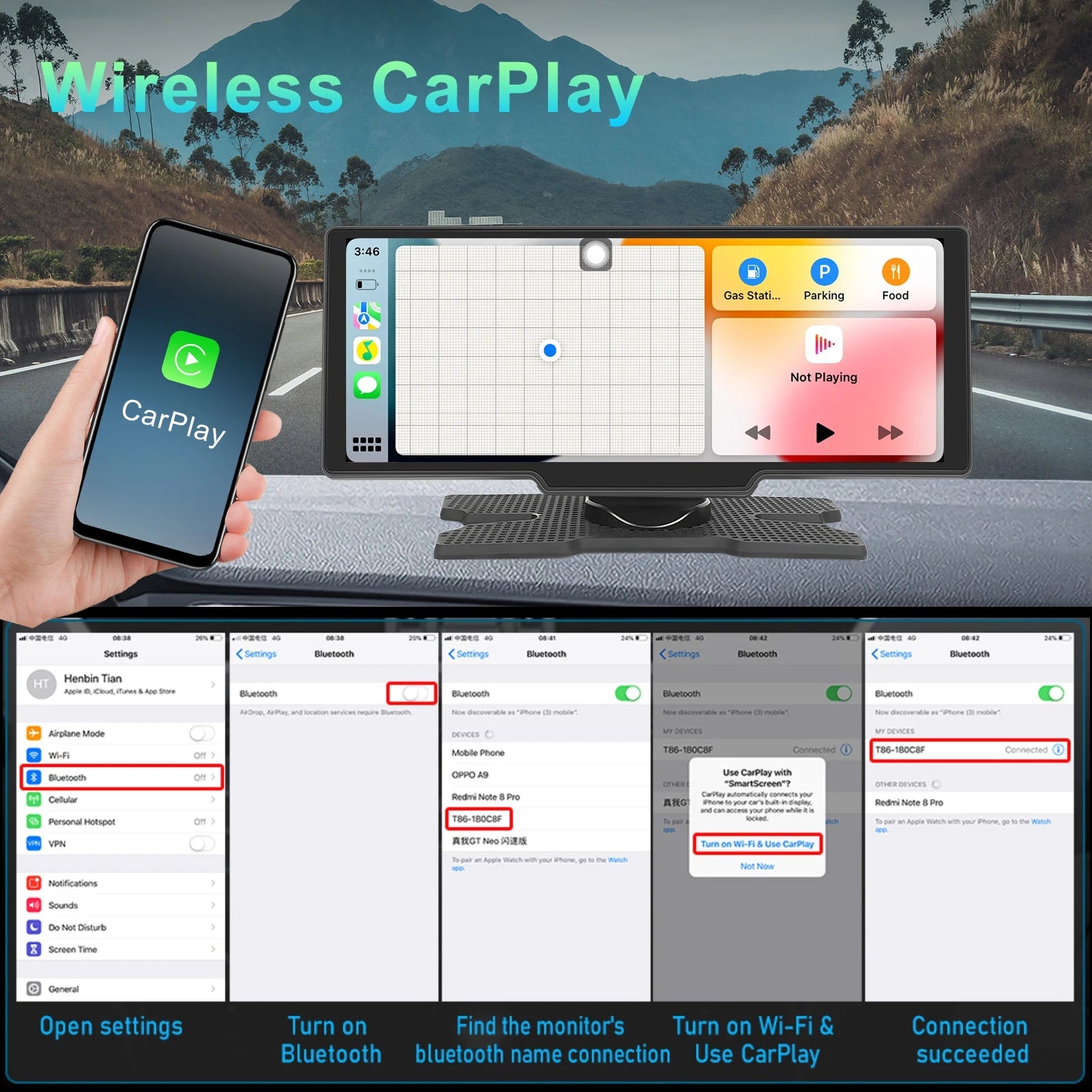 Wireless Carplay Android Auto GPS Dashboard Cam